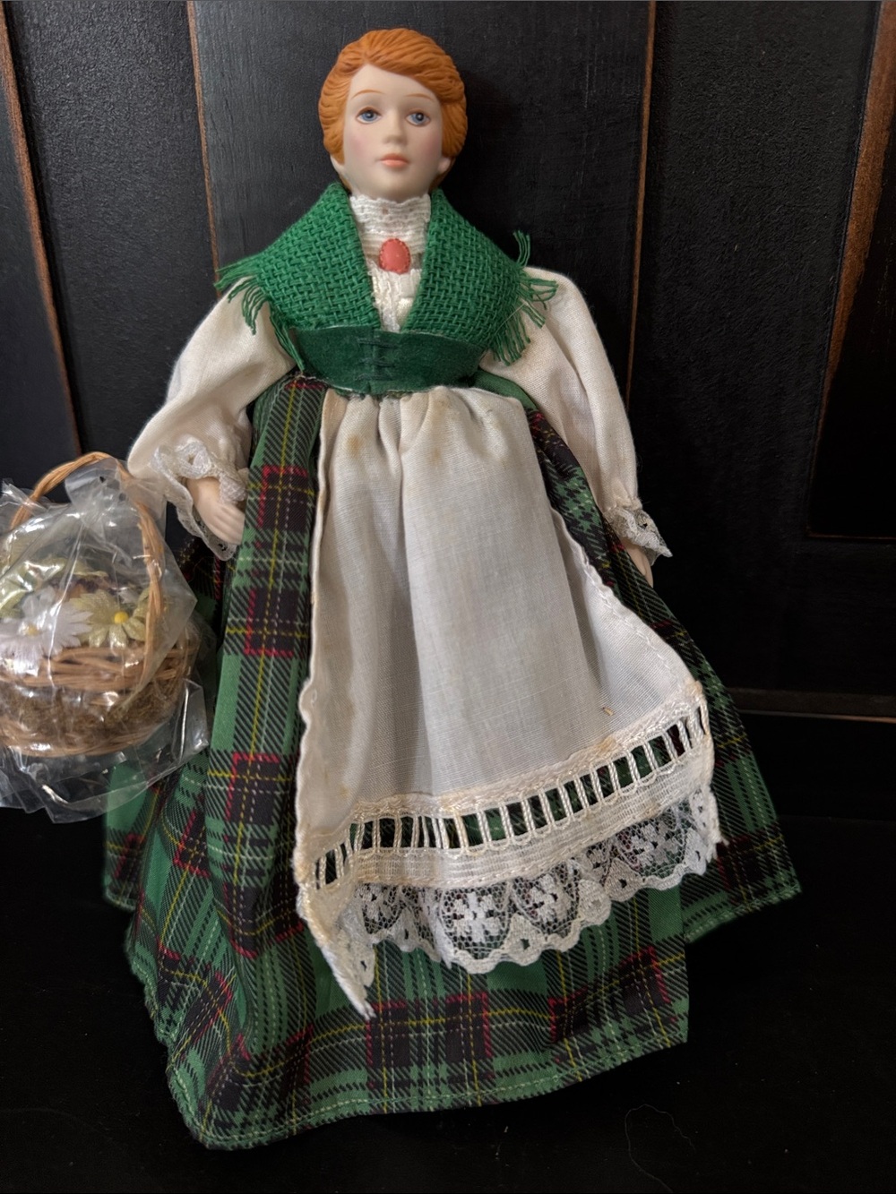 Porcelain Doll in Green Tartan Dress with White Apron